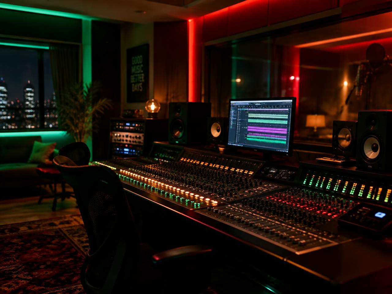 Professional recording studio with mixing console
